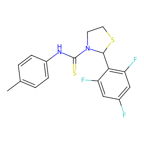 N-(4-methylphenyl)-2-(2,4,6-trifluorophenyl)-1,3-thiazolidine-3-carbothioamide structure