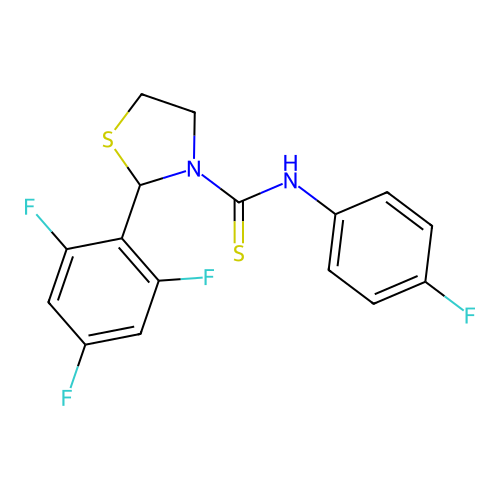 N-(4-fluorophenyl)-2-(2,4,6-trifluorophenyl)-1,3-thiazolidine-3-carbothioamide structure