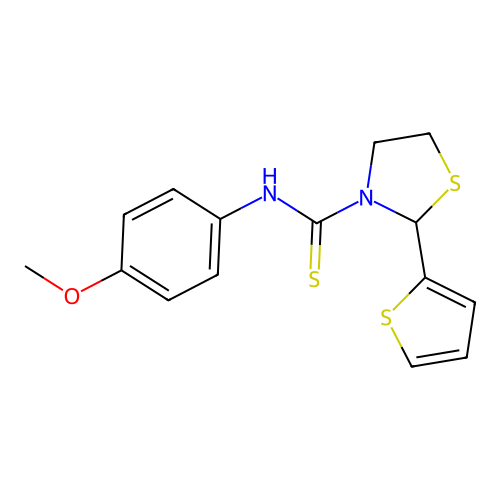 N-(4-methoxyphenyl)-2-thiophen-2-yl-1,3-thiazolidine-3-carbothioamide structure