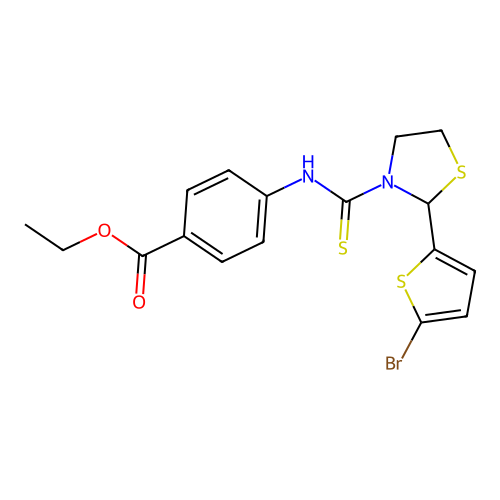 ethyl 4-({[2-(5-bromothiophen-2-yl)-1,3-thiazolidin-3-yl]carbonothioyl}amino)benzoate structure