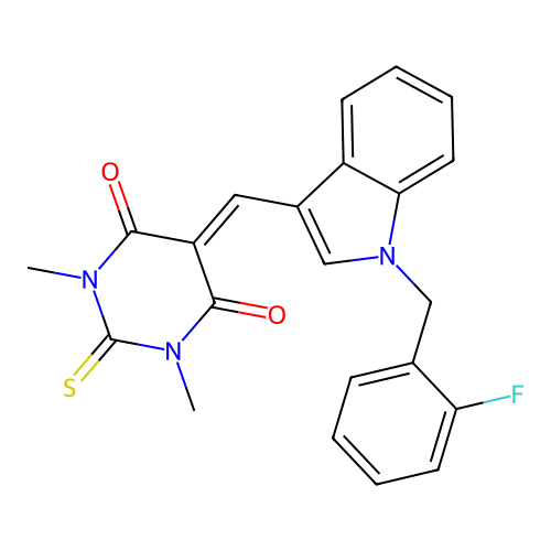 5-{[1-(2-fluorobenzyl)-1H-indol-3-yl]methylidene}-1,3-dimethyl-2-thioxodihydropyrimidine-4,6(1H,5H)-dione structure