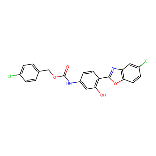 4-Chlorobenzyl [4-(5-chloro-1,3-benzoxazol-2-yl)-3-hydroxyphenyl]carbamate structure