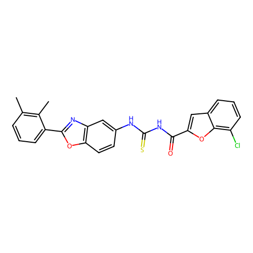 7-chloro-N-[[2-(2,3-dimethylphenyl)benzooxazol-5-yl]thiocarbamoyl]benzofuran-2-carboxamide structure