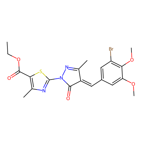 (E)-ethyl 2-(4-(3-bromo-4,5-dimethoxybenzylidene)-3-methyl-5-oxo-4,5-dihydro-1H-pyrazol-1-yl)-4-methylthiazole-5-carboxylate structure
