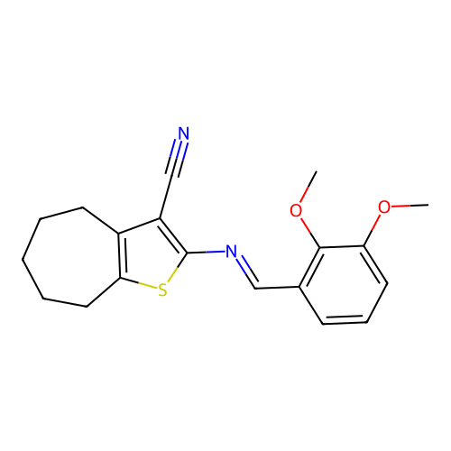 2-[(1E)-2-(2,3-dimethoxyphenyl)-1-azavinyl]-4,5,6,7,8-pentahydrocyclohepta[1,2 -b]thiophene-3-carbonitrile structure