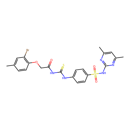 2-(2-bromo-4-methylphenoxy)-N-{[(4-{[(4,6-dimethyl-2-pyrimidinyl)amino]sulfonyl}phenyl)amino]carbonothioyl}acetamide structure