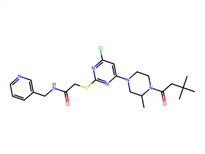 2-({4-Chloro-6-[4-(3,3-dimethylbutanoyl)-3-methylpiperazin-1-yl]pyrimidin-2-yl}sulfanyl)-N-[(pyridin-3-yl)methyl]acetamide structure