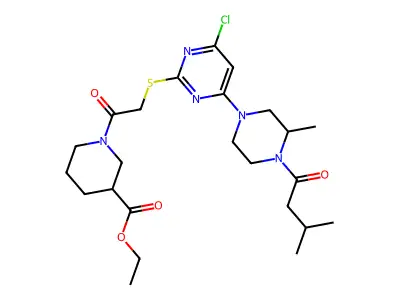 Ethyl 1-(2-((4-chloro-6-(3-methyl-4-(3-methylbutanoyl)piperazin-1-yl)pyrimidin-2-yl)thio)acetyl)piperidine-3-carboxylate structure