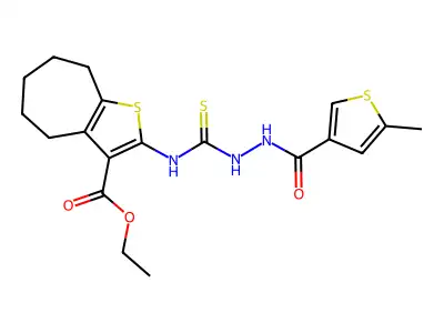 ethyl 2-(2-(5-methylthiophene-3-carbonyl)hydrazinecarbothioamido)-5,6,7,8-tetrahydro-4H-cyclohepta[b]thiophene-3-carboxylate structure