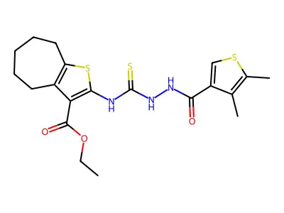 ethyl 2-(2-(4,5-dimethylthiophene-3-carbonyl)hydrazinecarbothioamido)-5,6,7,8-tetrahydro-4H-cyclohepta[b]thiophene-3-carboxylate structure