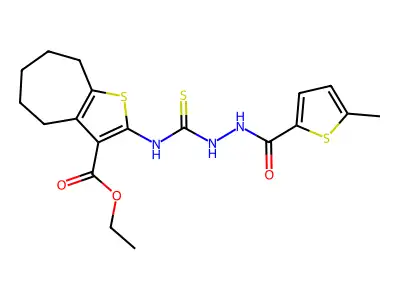ethyl 2-(2-(5-methylthiophene-2-carbonyl)hydrazinecarbothioamido)-5,6,7,8-tetrahydro-4H-cyclohepta[b]thiophene-3-carboxylate structure
