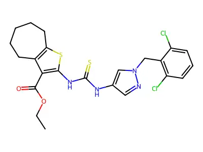 ethyl 2-({[1-(2,6-dichlorobenzyl)-1H-pyrazol-4-yl]carbamothioyl}amino)-5,6,7,8-tetrahydro-4H-cyclohepta[b]thiophene-3-carboxylate structure
