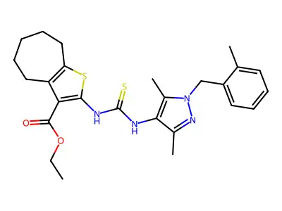 ethyl 2-({[3,5-dimethyl-1-(2-methylbenzyl)-1H-pyrazol-4-yl]carbamothioyl}amino)-5,6,7,8-tetrahydro-4H-cyclohepta[b]thiophene-3-carboxylate structure