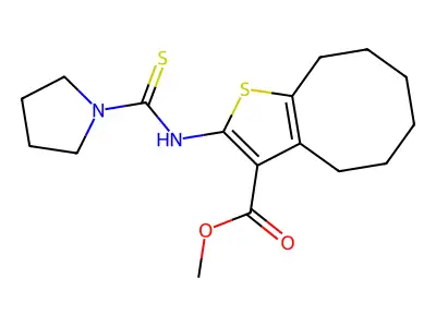 Methyl 10-(pyrrolidine-1-carbothioylamino)-9-thiabicyclo[6.3.0]undeca-10,12-diene-11-carboxylate structure