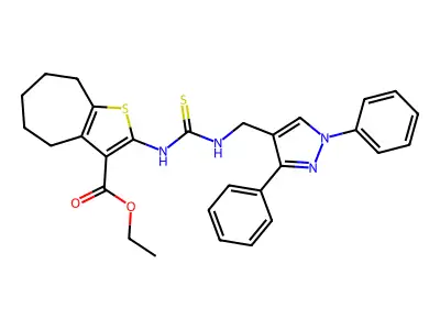 ethyl 2-({[(1,3-diphenyl-1H-pyrazol-4-yl)methyl]carbamothioyl}amino)-5,6,7,8-tetrahydro-4H-cyclohepta[b]thiophene-3-carboxylate structure