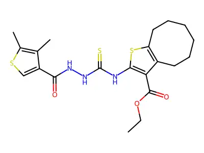 ethyl 2-(2-(4,5-dimethylthiophene-3-carbonyl)hydrazinecarbothioamido)-4,5,6,7,8,9-hexahydrocycloocta[b]thiophene-3-carboxylate structure