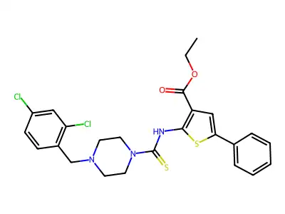 ethyl 2-(4-(2,4-dichlorobenzyl)piperazine-1-carbothioamido)-5-phenylthiophene-3-carboxylate structure