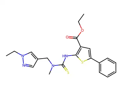 ethyl 2-({[(1-ethyl-1H-pyrazol-4-yl)methyl](methyl)carbamothioyl}amino)-5-phenylthiophene-3-carboxylate structure
