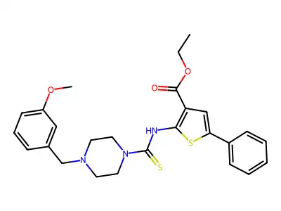 ethyl 2-(4-(3-methoxybenzyl)piperazine-1-carbothioamido)-5-phenylthiophene-3-carboxylate structure