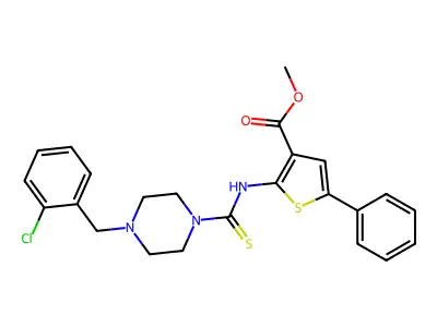 methyl 2-(4-(2-chlorobenzyl)piperazine-1-carbothioamido)-5-phenylthiophene-3-carboxylate structure