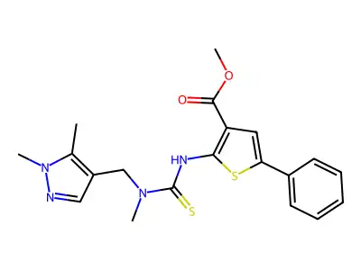 methyl 2-({[(1,5-dimethyl-1H-pyrazol-4-yl)methyl](methyl)carbamothioyl}amino)-5-phenylthiophene-3-carboxylate structure