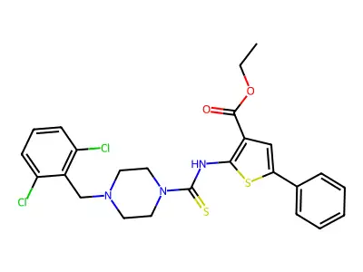 ethyl 2-(4-(2,6-dichlorobenzyl)piperazine-1-carbothioamido)-5-phenylthiophene-3-carboxylate structure