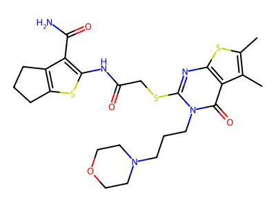 2-[[2-[5,6-dimethyl-3-(3-morpholin-4-ylpropyl)-4-oxothieno[2,3-d]pyrimidin-2-yl]sulfanylacetyl]amino]-5,6-dihydro-4H-cyclopenta[b]thiophene-3-carboxamide structure