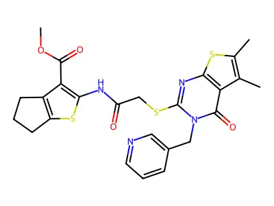 methyl 2-(2-((5,6-dimethyl-4-oxo-3-(pyridin-3-ylmethyl)-3,4-dihydrothieno[2,3-d]pyrimidin-2-yl)thio)acetamido)-5,6-dihydro-4H-cyclopenta[b]thiophene-3-carboxylate structure