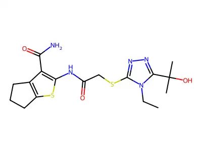 2-[[2-[[4-ethyl-5-(2-hydroxypropan-2-yl)-1,2,4-triazol-3-yl]sulfanyl]acetyl]amino]-5,6-dihydro-4H-cyclopenta[b]thiophene-3-carboxamide structure