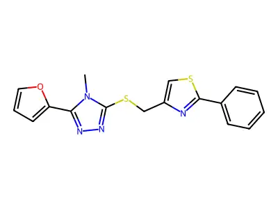 4-[[5-(furan-2-yl)-4-methyl-1,2,4-triazol-3-yl]sulfanylmethyl]-2-phenyl-1,3-thiazole structure