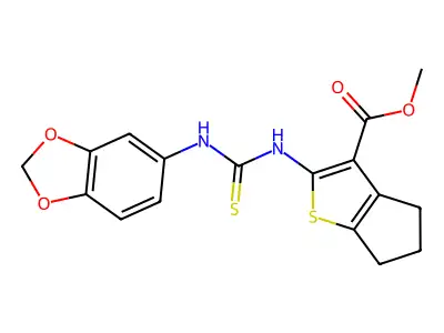 methyl 2-(1,3-benzodioxol-5-ylcarbamothioylamino)-5,6-dihydro-4H-cyclopenta[b]thiophene-3-carboxylate structure