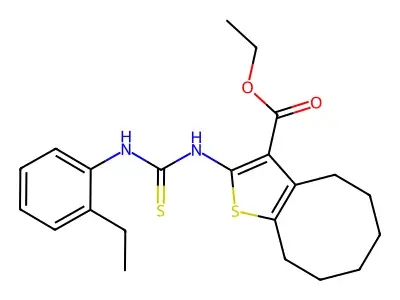Ethyl 10-[(2-ethylphenyl)thiocarbamoylamino]-9-thiabicyclo[6.3.0]undeca-10,12-diene-11-carboxylate structure