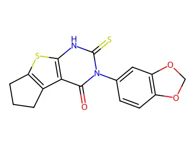 3-(1,3-Benzodioxol-5-yl)-1,2,3,5,6,7-hexahydro-2-thioxo-4H-cyclopenta[4,5]thieno[2,3-d]pyrimidin-4-one structure