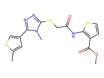 methyl 2-(2-((4-methyl-5-(5-methylthiophen-3-yl)-4H-1,2,4-triazol-3-yl)thio)acetamido)thiophene-3-carboxylate structure