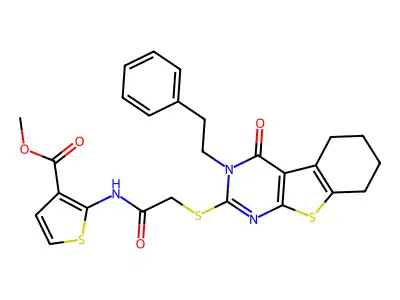 methyl 2-(2-((4-oxo-3-phenethyl-3,4,5,6,7,8-hexahydrobenzo[4,5]thieno[2,3-d]pyrimidin-2-yl)thio)acetamido)thiophene-3-carboxylate structure