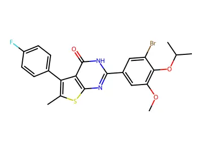 2-(3-bromo-5-methoxy-4-propan-2-yloxyphenyl)-5-(4-fluorophenyl)-6-methyl-3H-thieno[2,3-d]pyrimidin-4-one structure