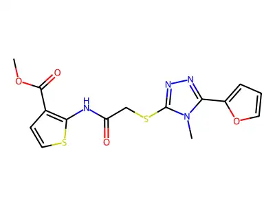 methyl 2-(2-((5-(furan-2-yl)-4-methyl-4H-1,2,4-triazol-3-yl)thio)acetamido)thiophene-3-carboxylate structure