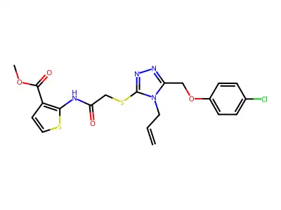 methyl 2-(2-((4-allyl-5-((4-chlorophenoxy)methyl)-4H-1,2,4-triazol-3-yl)thio)acetamido)thiophene-3-carboxylate structure
