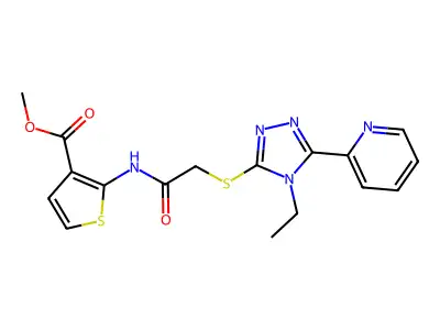 methyl 2-(2-((4-ethyl-5-(pyridin-2-yl)-4H-1,2,4-triazol-3-yl)thio)acetamido)thiophene-3-carboxylate structure