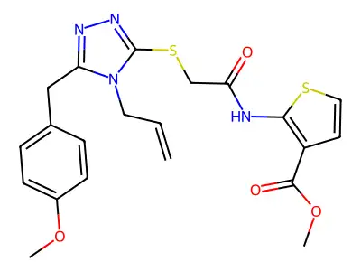methyl 2-(2-((4-allyl-5-(4-methoxybenzyl)-4H-1,2,4-triazol-3-yl)thio)acetamido)thiophene-3-carboxylate structure