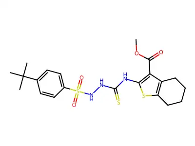 methyl 2-(2-((4-(tert-butyl)phenyl)sulfonyl)hydrazinecarbothioamido)-4,5,6,7-tetrahydrobenzo[b]thiophene-3-carboxylate structure