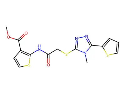 methyl 2-(2-((4-methyl-5-(thiophen-2-yl)-4H-1,2,4-triazol-3-yl)thio)acetamido)thiophene-3-carboxylate structure