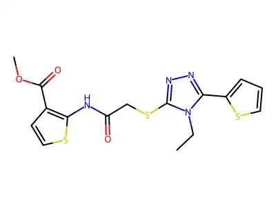 methyl 2-(2-((4-ethyl-5-(thiophen-2-yl)-4H-1,2,4-triazol-3-yl)thio)acetamido)thiophene-3-carboxylate structure