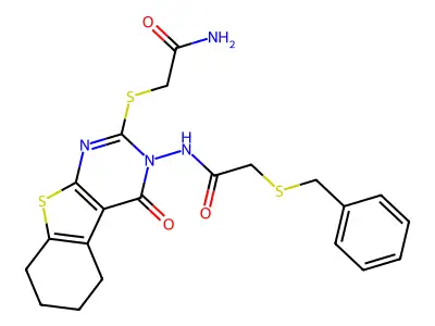 2-[[3-[(2-benzylsulfanylacetyl)amino]-4-oxo-5,6,7,8-tetrahydro-[1]benzothiolo[2,3-d]pyrimidin-2-yl]sulfanyl]acetamide structure