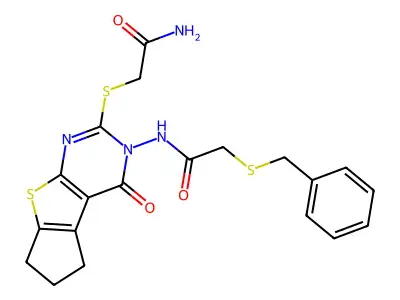 2-[[2-[(2-benzylsulfanylacetyl)amino]-1-oxo-7,8-dihydro-6H-cyclopenta[2,3]thieno[2,4-b]pyrimidin-3-yl]sulfanyl]acetamide structure