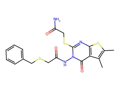 2-[3-[(2-benzylsulfanylacetyl)amino]-5,6-dimethyl-4-oxothieno[2,3-d]pyrimidin-2-yl]sulfanylacetamide structure