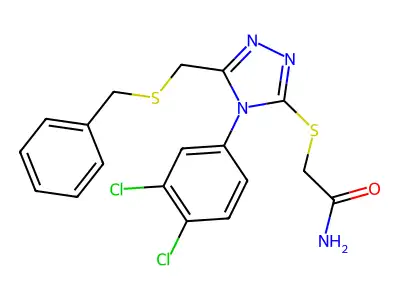 2-[[5-(benzylsulfanylmethyl)-4-(3,4-dichlorophenyl)-1,2,4-triazol-3-yl]sulfanyl]acetamide structure