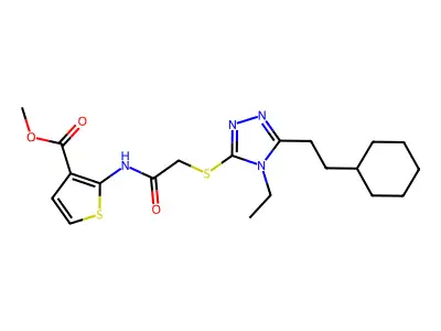 methyl 2-(2-((5-(2-cyclohexylethyl)-4-ethyl-4H-1,2,4-triazol-3-yl)thio)acetamido)thiophene-3-carboxylate structure