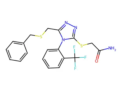 2-({5-[(benzylsulfanyl)methyl]-4-[2-(trifluoromethyl)phenyl]-4H-1,2,4-triazol-3-yl}sulfanyl)acetamide structure
