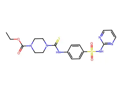 ethyl 4-((4-(N-(pyrimidin-2-yl)sulfamoyl)phenyl)carbamothioyl)piperazine-1-carboxylate structure